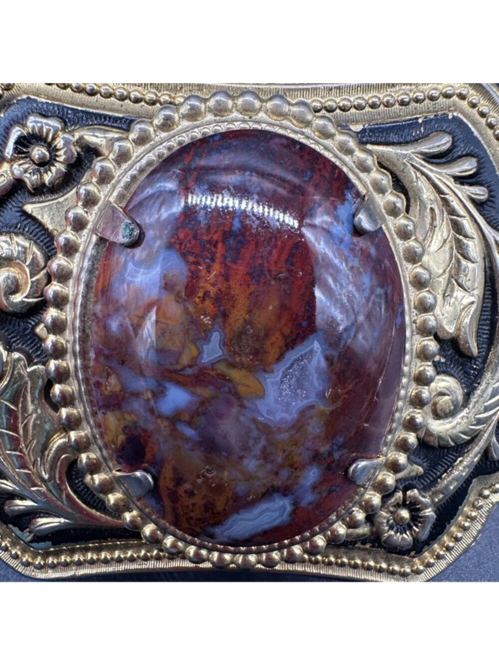 Vintage Western Belt Buckle Agate Stone Gold Tone Floral Rodeo Cowboy Accessory - Picture 4 of 10